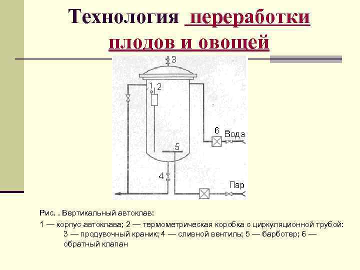  Технология переработки  плодов и овощей Рис. . Вертикальный автоклав: 1 — корпус