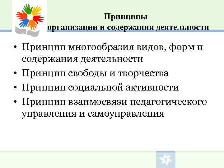       Принципы   организации и содержания деятельности 