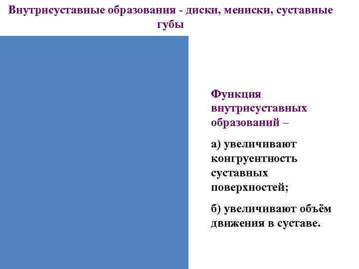 Внутрисуставные образования - диски, мениски, суставные губы Внутрисуставные образования - диски, мениски, суставные губы