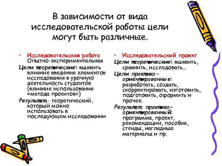   В зависимости от вида исследовательской работы цели   могут быть различные.