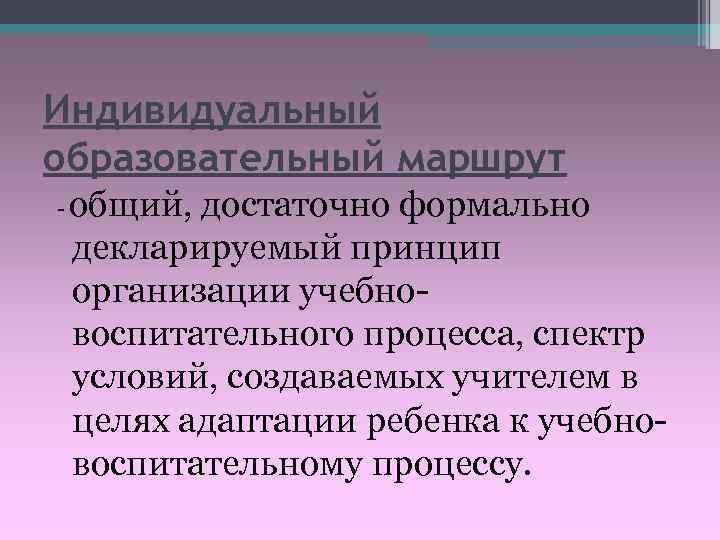 Индивидуальный образовательный маршрут -  общий, достаточно формально декларируемый принцип организации учебно- воспитательного процесса,
