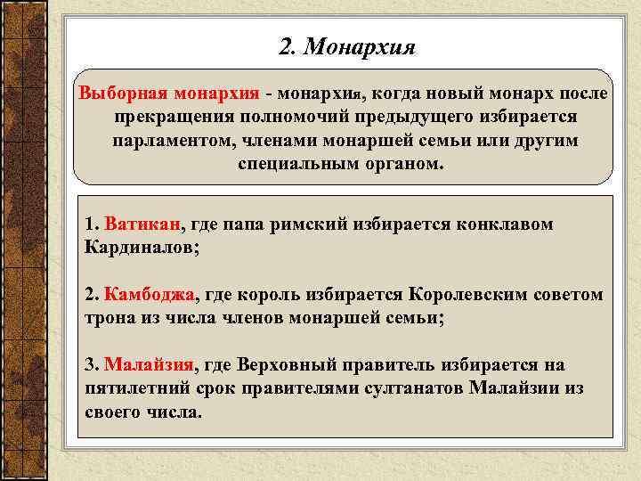     2. Монархия Выборная монархия - монархия, когда новый монарх после