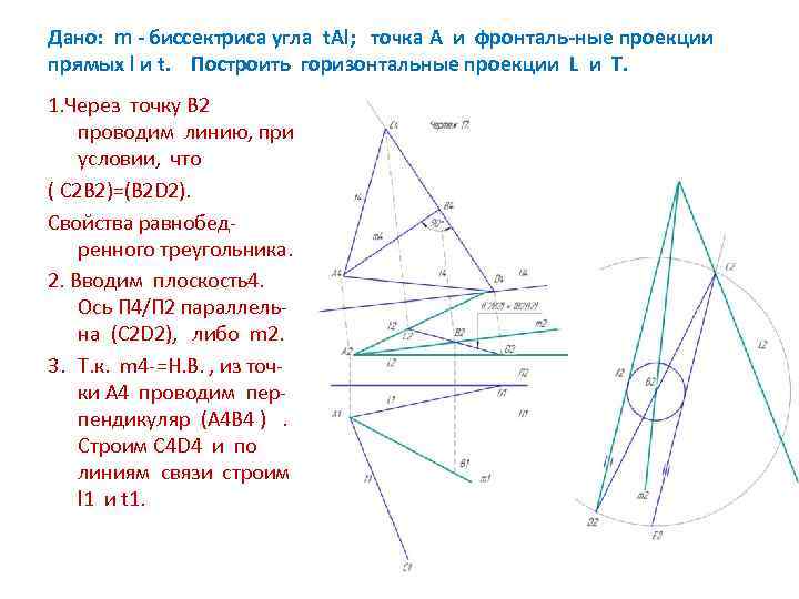 Дано: m - биссектриса угла t. Al; точка А и фронталь-ные проекции прямых l