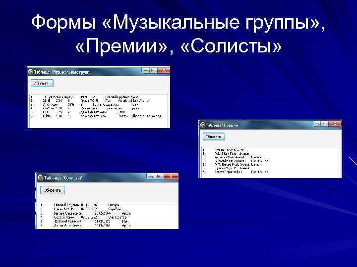 Формы «Музыкальные группы» , «Премии» ,  «Солисты» 