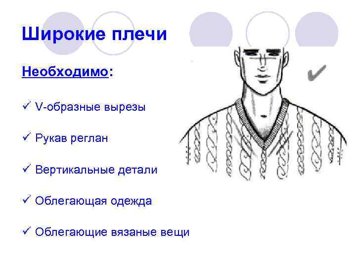 Широкие плечи Необходимо:  ü V-образные вырезы  ü Рукав реглан  ü Вертикальные