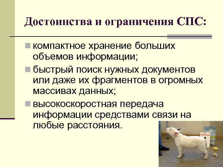 Достоинства и ограничения СПС:  n компактное хранение больших  объемов информации; n быстрый