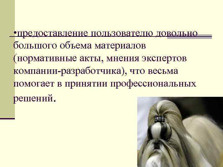  • предоставление пользователю довольно большого объема материалов (нормативные акты, мнения экспертов компании-разработчика), что