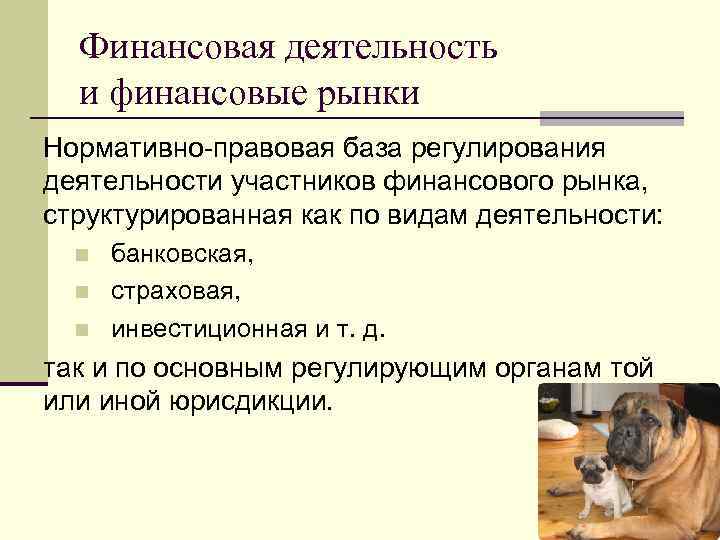  Финансовая деятельность  и финансовые рынки Нормативно-правовая база регулирования деятельности участников финансового рынка,