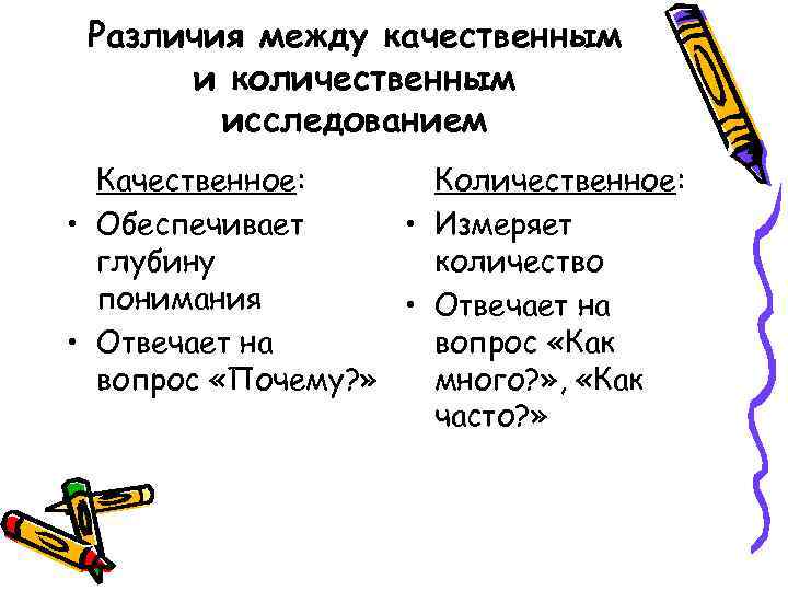  Различия между качественным  и количественным   исследованием  Качественное:  Количественное: