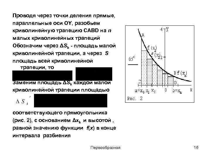 Проводя через точки деления прямые, параллельные оси OY, разобьем криволинейную трапецию CABD на n Проводя через точки деления прямые, параллельные оси OY, разобьем криволинейную трапецию CABD на n