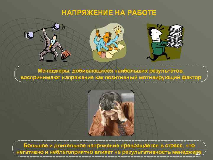     НАПРЯЖЕНИЕ НА РАБОТЕ  Менеджеры, добивающиеся наибольших результатов,  воспринимают
