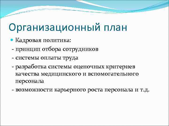 Организационный план  Кадровая политика: - принцип отбора сотрудников - системы оплаты труда -