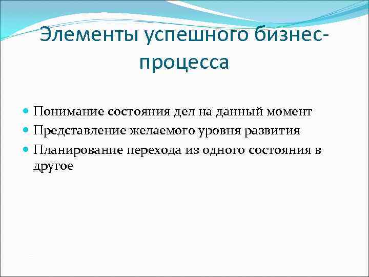  Элементы успешного бизнес-  процесса  Понимание состояния дел на данный момент 