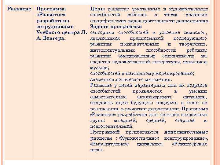 Развитие Программа  Цель:  развитие умственных и художественных  «Развитие»  способностей ребенка,
