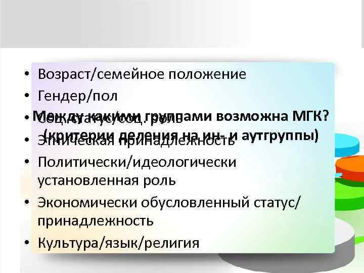  • Возраст/семейное положение • Гендер/пол • Между какими группами возможна МГК?  Соц.