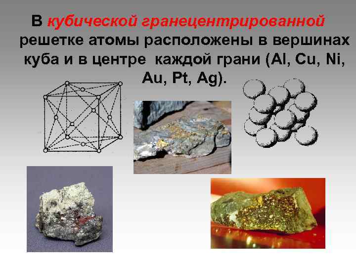  В кубической гранецентрированной решетке атомы расположены в вершинах куба и в центре каждой