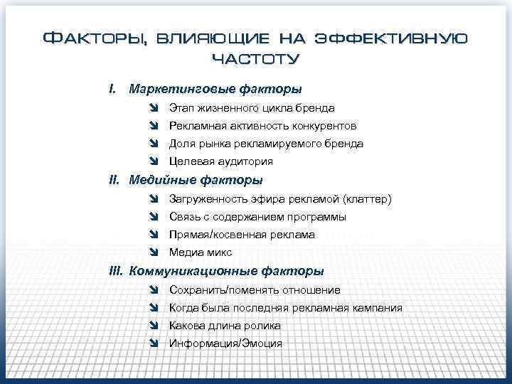 Факторы, влияющие на эффективную частоту I. Маркетинговые факторы î Этап Факторы, влияющие на эффективную частоту I. Маркетинговые факторы î Этап