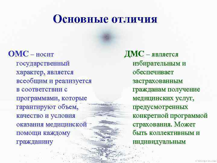 Основные отличия ОМС – носит государственный характер, является всеобщим и реализуется в соответствии с