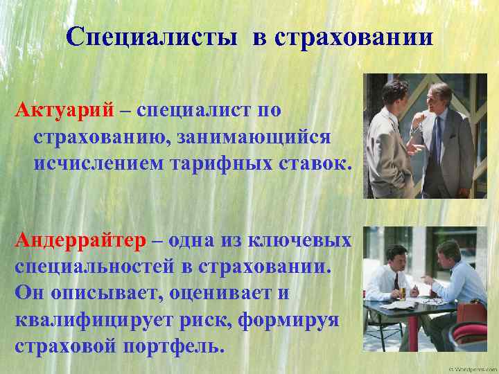 Специалисты в страховании Актуарий – специалист по страхованию, занимающийся исчислением тарифных ставок. Андеррайтер –