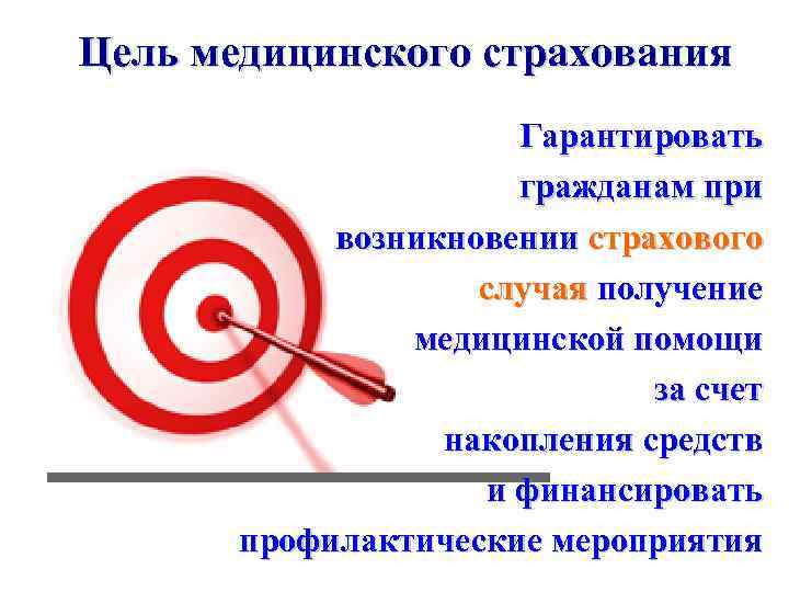 Цель медицинского страхования Гарантировать гражданам при возникновении страхового случая получение медицинской помощи за счет