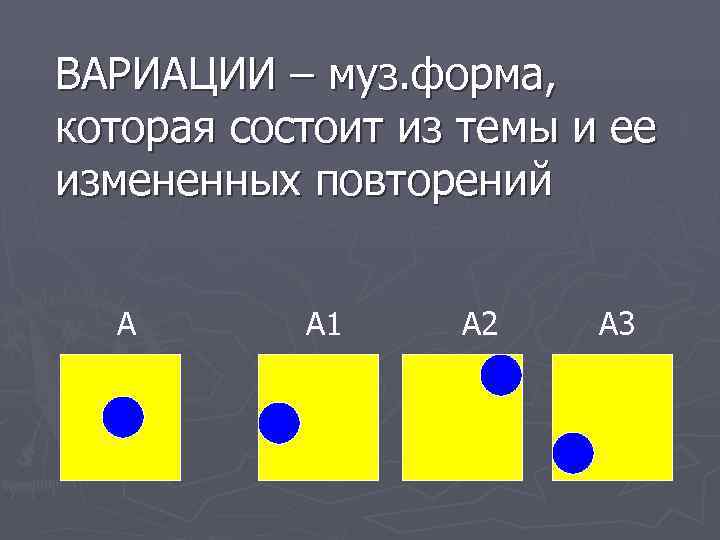 ВАРИАЦИИ – муз. форма, которая состоит из темы и ее измененных повторений А 
