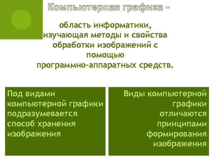   Компьютерная графика -  область информатики,   изучающая методы и свойства