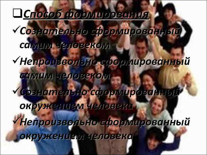 q. Способ формирования üСознательно сформированный самим человеком üНепроизвольно сформированный самим человеком üСознательно сформированный окружением