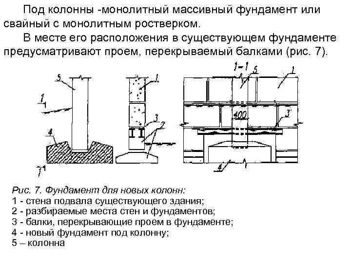  Под колонны монолитный массивный фундамент или свайный с монолитным ростверком. В месте
