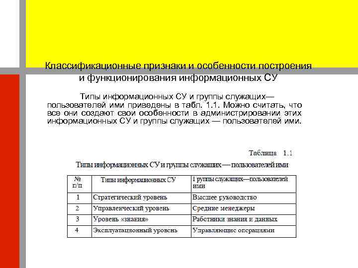 Классификационные признаки и особенности построения  и функционирования информационных СУ   Типы информационных