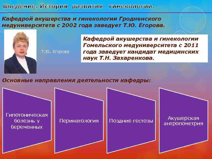 Кафедрой акушерства и гинекологии Гродненского медуниверситета с 2002 года заведует Т. Ю. Егорова. 