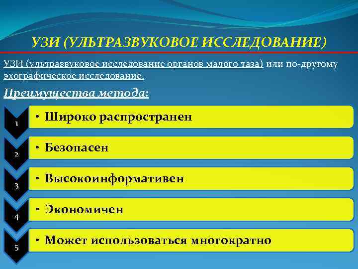 УЗИ (УЛЬТРАЗВУКОВОЕ ИССЛЕДОВАНИЕ) УЗИ (ультразвуковое исследование органов малого таза) или по-другому эхографическое исследование. УЗИ (УЛЬТРАЗВУКОВОЕ ИССЛЕДОВАНИЕ) УЗИ (ультразвуковое исследование органов малого таза) или по-другому эхографическое исследование.