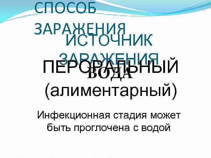 СПОСОБ ЗАРАЖЕНИЯ ИСТОЧНИК ЗАРАЖЕНИЯ ПЕРОРАЛЬНЫЙ ВОДА (алиментарный) Инфекционная стадия может быть проглочена с СПОСОБ ЗАРАЖЕНИЯ ИСТОЧНИК ЗАРАЖЕНИЯ ПЕРОРАЛЬНЫЙ ВОДА (алиментарный) Инфекционная стадия может быть проглочена с
