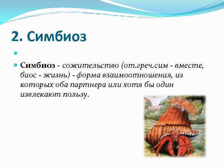 2. Симбиоз - сожительство (от. греч. сим - вместе, биос - жизнь) - 2. Симбиоз - сожительство (от. греч. сим - вместе, биос - жизнь) -