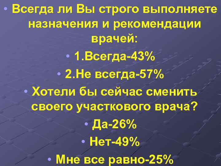 • Всегда ли Вы строго выполняете назначения и рекомендации   врачей: 