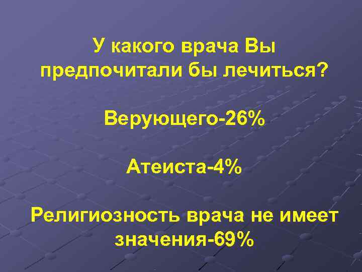   У какого врача Вы предпочитали бы лечиться?   Верующего-26%  