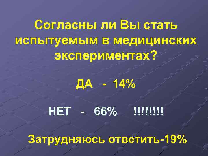   Согласны ли Вы стать испытуемым в медицинских  экспериментах?  ДА -