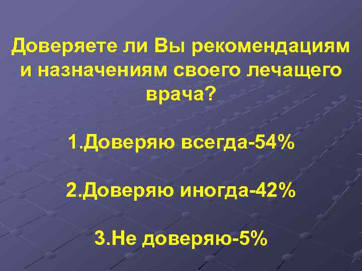 Доверяете ли Вы рекомендациям и назначениям своего лечащего   врача?  1. Доверяю