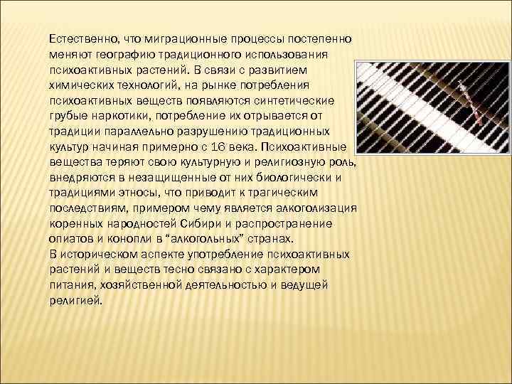Естественно, что миграционные процессы постепенно меняют географию традиционного использования психоактивных растений. В связи с
