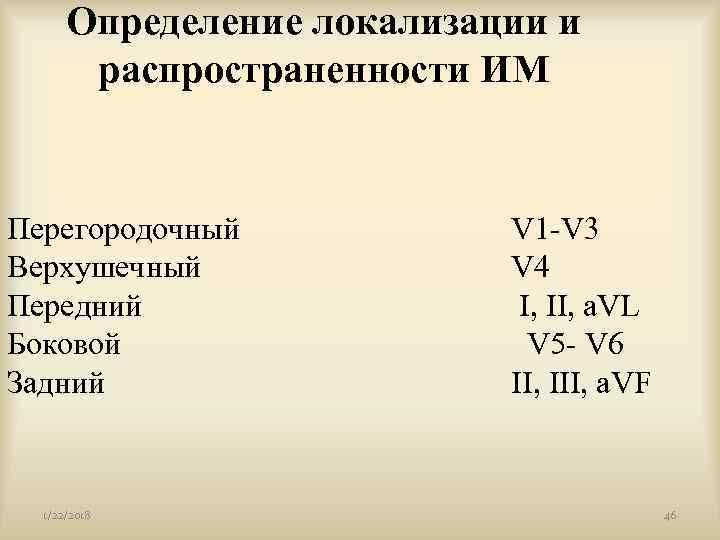   Определение локализации и   распространенности ИМ  Перегородочный   