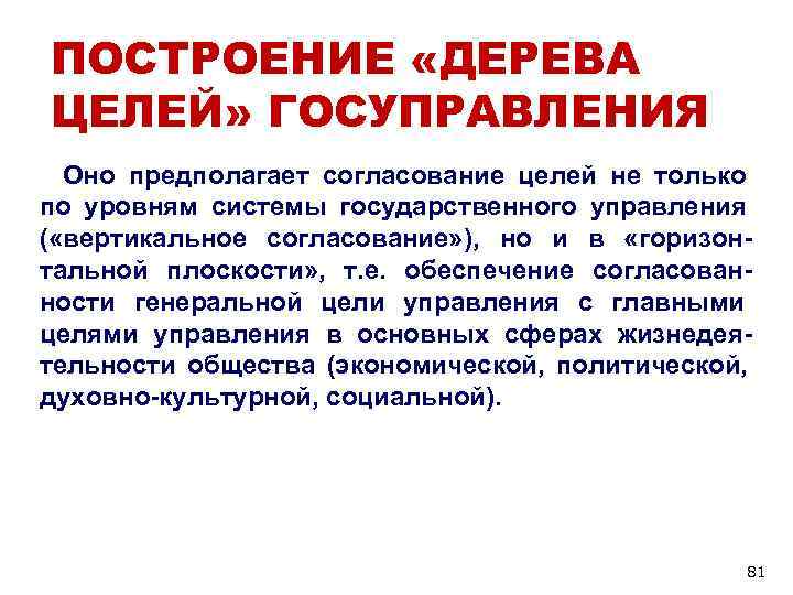 ПОСТРОЕНИЕ «ДЕРЕВА ЦЕЛЕЙ» ГОСУПРАВЛЕНИЯ Оно предполагает согласование целей не только по уровням системы ПОСТРОЕНИЕ «ДЕРЕВА ЦЕЛЕЙ» ГОСУПРАВЛЕНИЯ Оно предполагает согласование целей не только по уровням системы