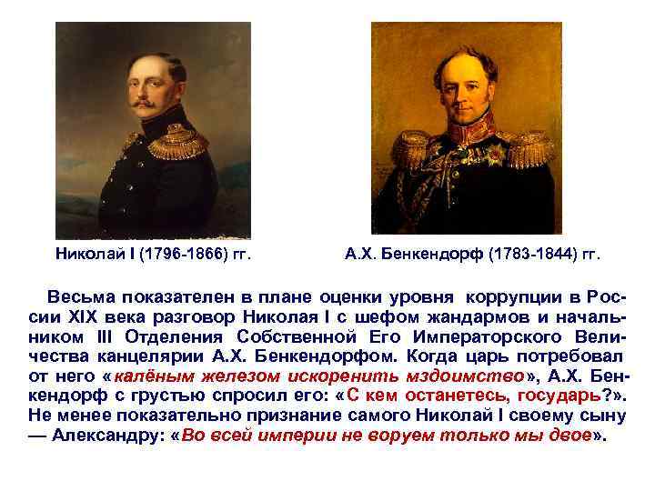   Николай I (1796 -1866) гг.  А. Х. Бенкендорф (1783 -1844) гг.