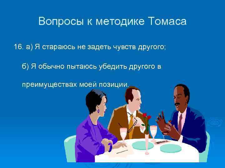 Вопросы к методике Томаса 16. а) Я стараюсь не задеть чувств другого; б) Я
