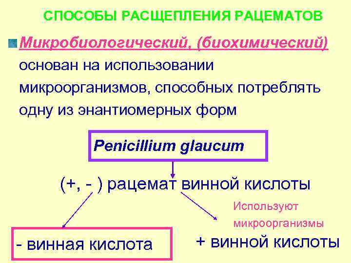   СПОСОБЫ РАСЩЕПЛЕНИЯ РАЦЕМАТОВ Микробиологический, (биохимический)- основан на использовании микроорганизмов, способных потреблять одну