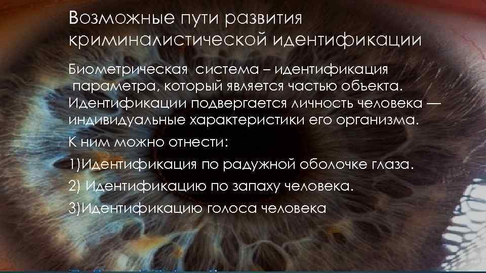 Возможные пути развития криминалистической идентификации Биометрическая система – идентификация параметра, который является частью объекта.