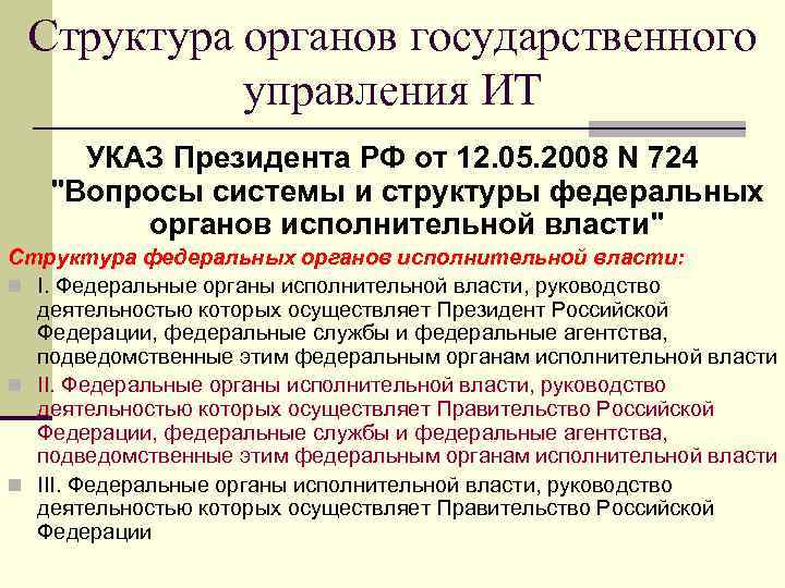 Структура органов государственного  управления ИТ УКАЗ Президента РФ от 12. 05. 2008
