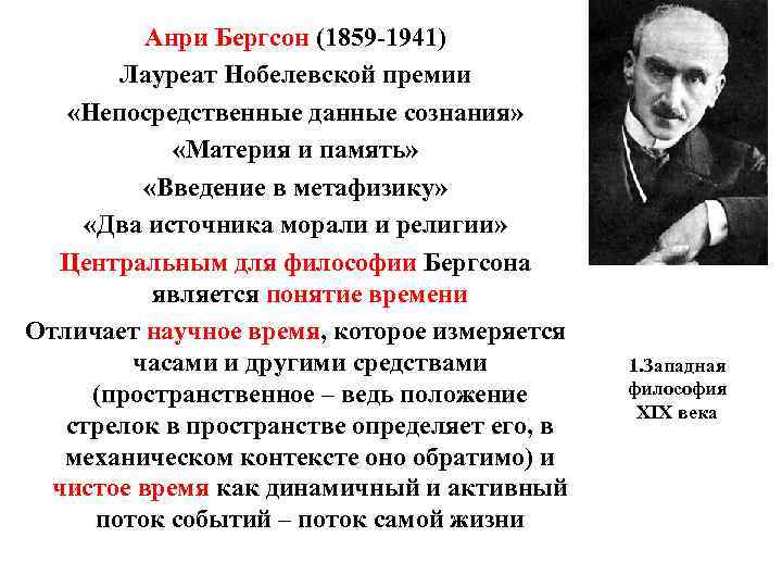 Анри Бергсон (1859 -1941) Лауреат Нобелевской премии «Непосредственные данные Анри Бергсон (1859 -1941) Лауреат Нобелевской премии «Непосредственные данные
