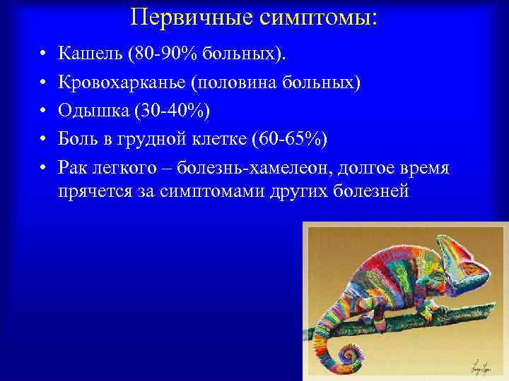Первичные симптомы: • • • Кашель (80 -90% больных). Кровохарканье (половина больных) Одышка (30