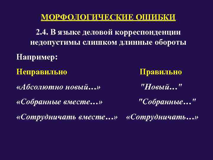   МОРФОЛОГИЧЕСКИЕ ОШИБКИ 2. 4. В языке деловой корреспонденции недопустимы слишком длинные обороты