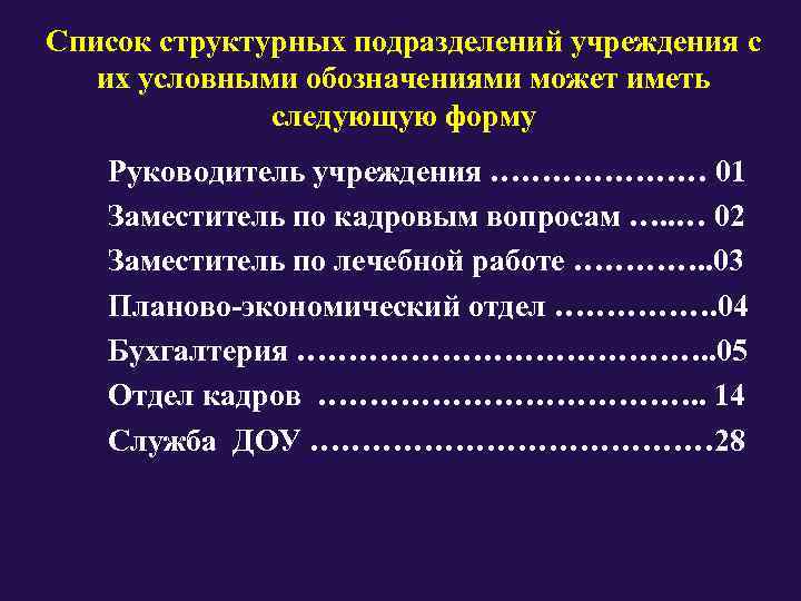 Список структурных подразделений учреждения с их условными обозначениями может иметь    следующую