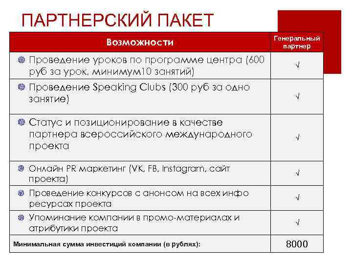  ПАРТНЕРСКИЙ ПАКЕТ     Генеральный     Возможности 
